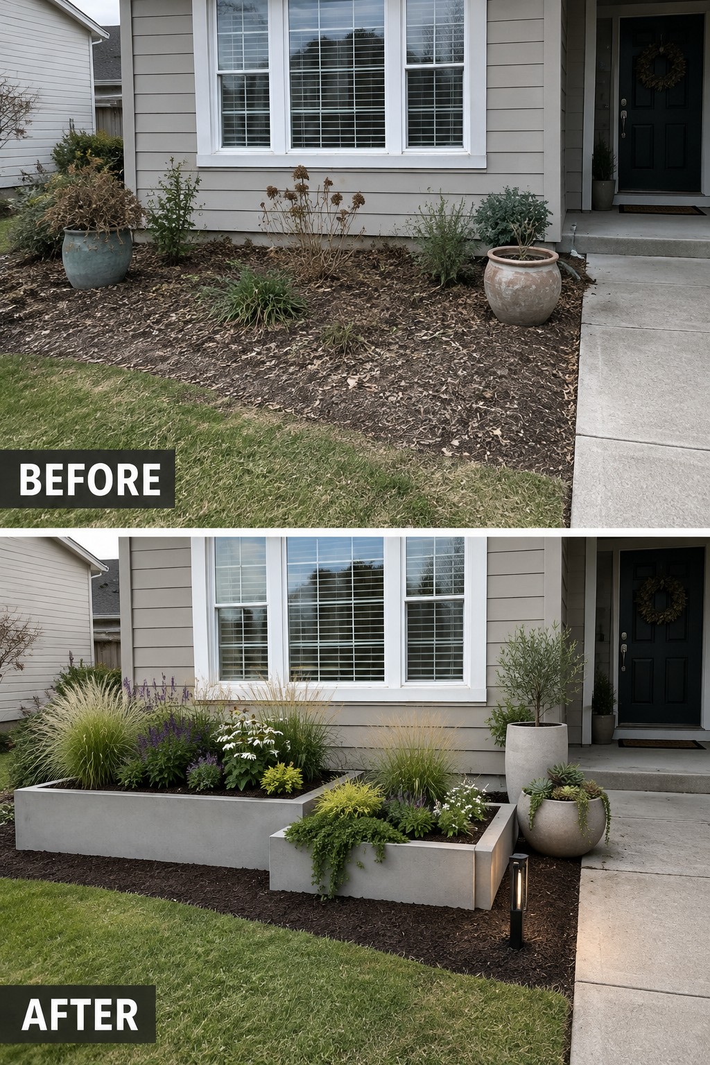 Before-and-after front yard with concrete planters, flowers, grasses and mulch bed.
