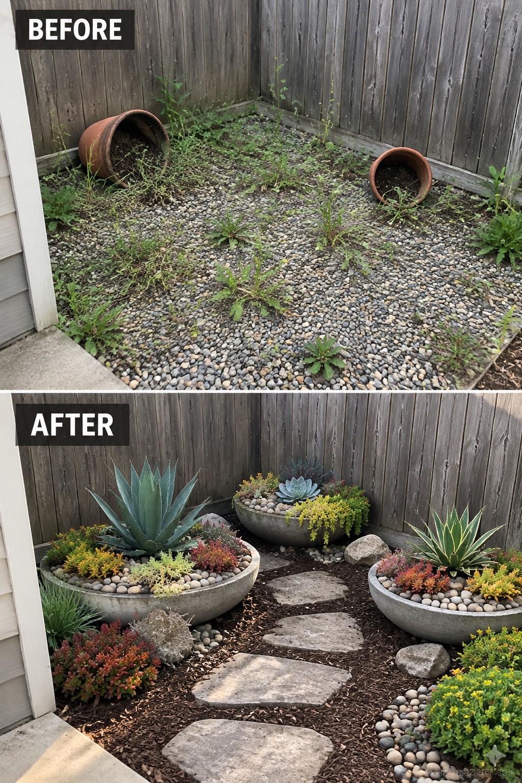 Before and after backyard makeover: gravel weeds replaced by succulent planters and stone path