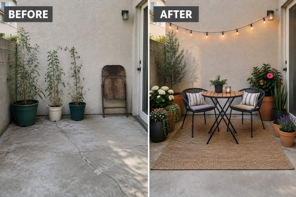 22 Creative Garden Decor Makeover Ideas Featuring Planters and Outdoor Accents Before-and-after patio: bare concrete with few plants becomes cozy space with lights, table, chairs and rug.