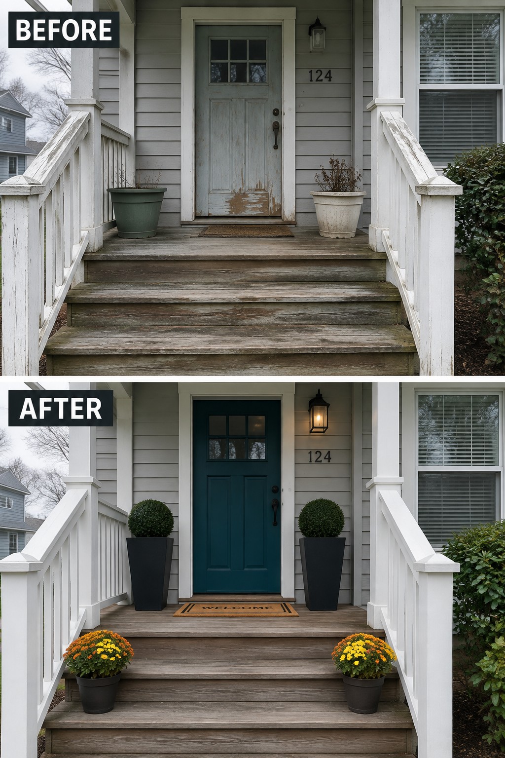 Before-and-after porch renovation with teal door, black planters, and fresh flowers.
