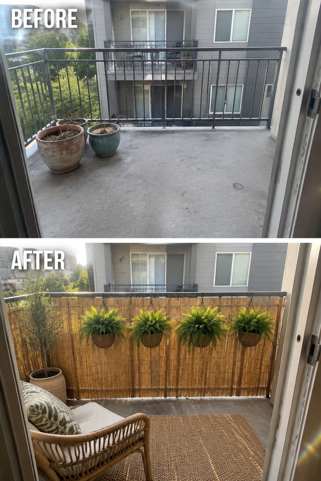 Before and after balcony makeover with bamboo screen, hanging ferns, chair and rug.