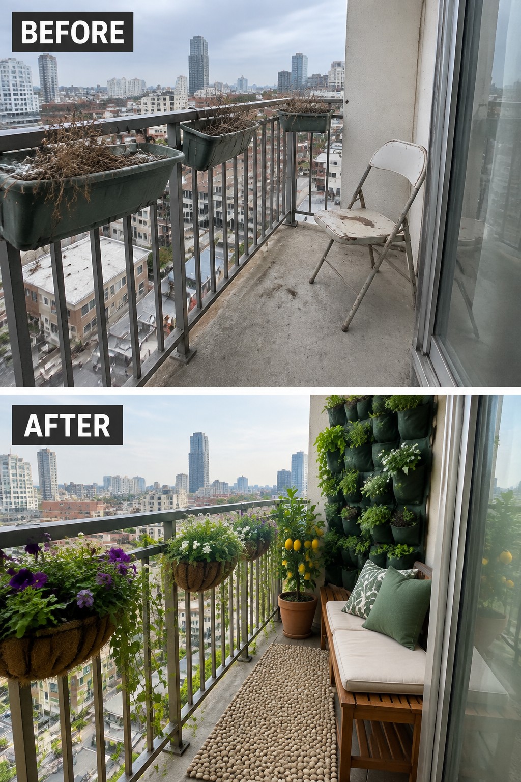 Balcony before-and-after: dead plants and chair transformed into lush vertical garden with bench and flowers.
