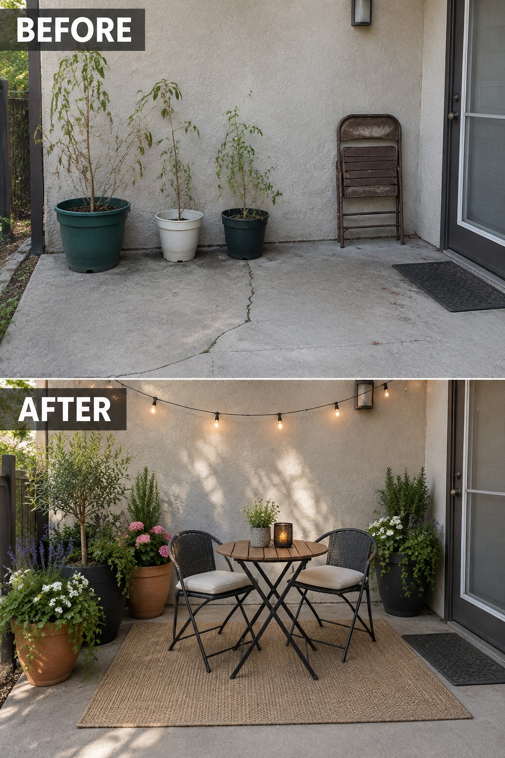 Before-and-after patio: bare concrete with few plants becomes cozy space with lights, table, chairs and rug.