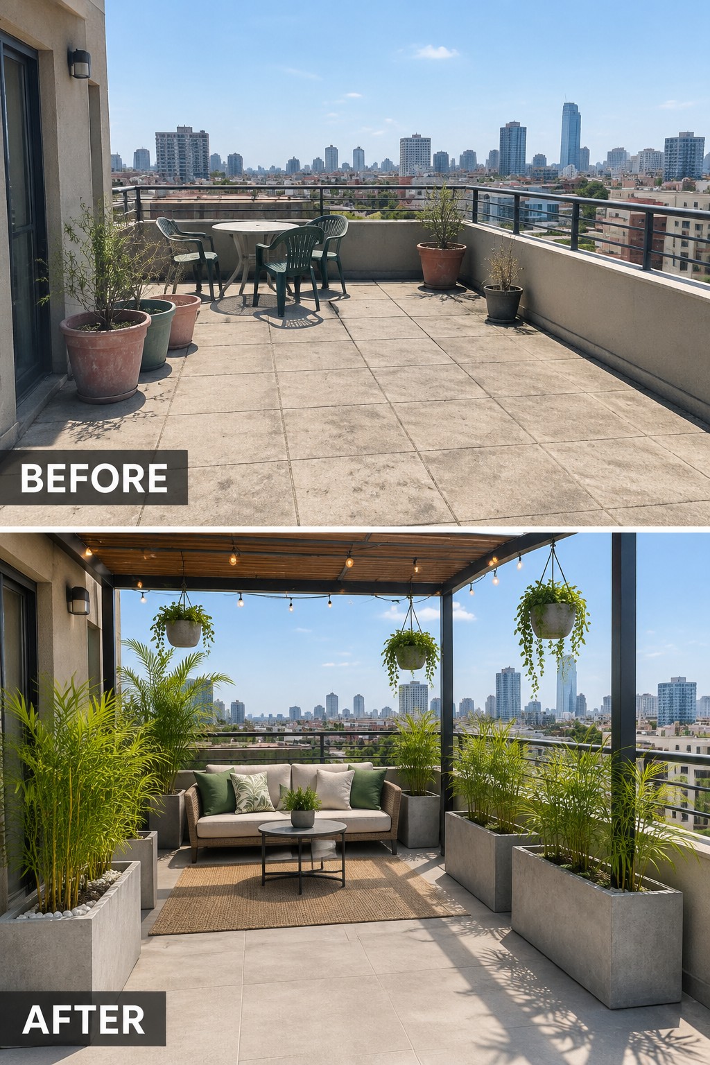 Before and after of rooftop terrace with added pergola, sofa, lights and plants.