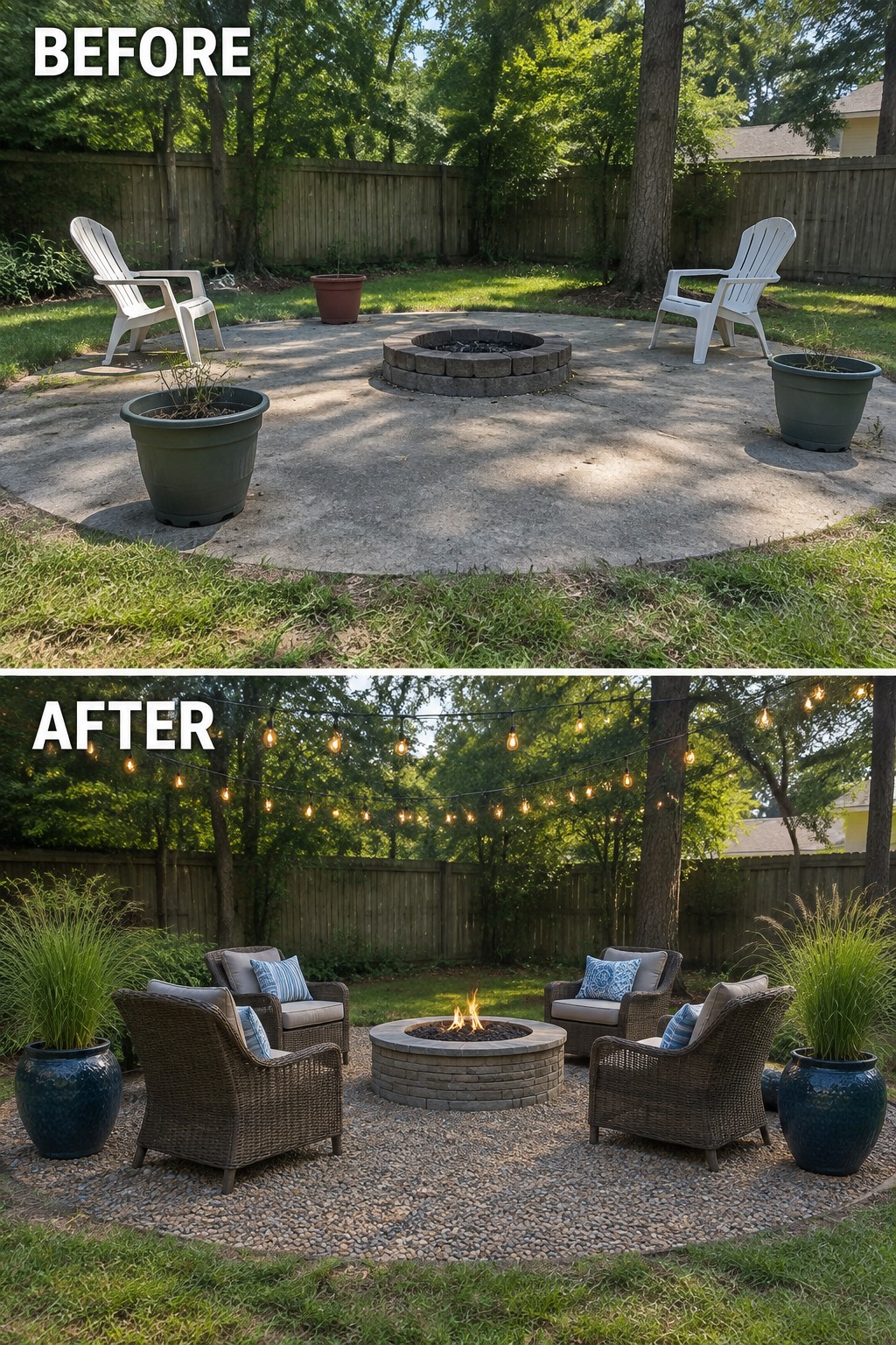 Before and after backyard fire pit with wicker chairs, gravel, and string lights