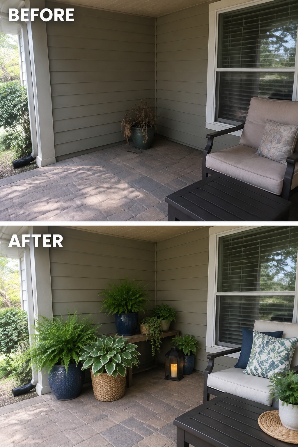 Before-and-after image of a bare covered porch transformed with multiple planters filled with ferns and hostas, a small bench, and two lanterns.