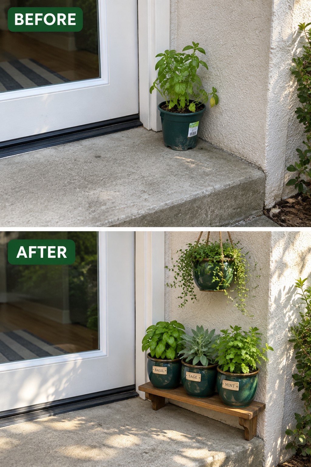Before-and-after image of a plain doorstep with one potted plant changed into an organized herb display with multiple pots on a wooden bench and a hanging planter.