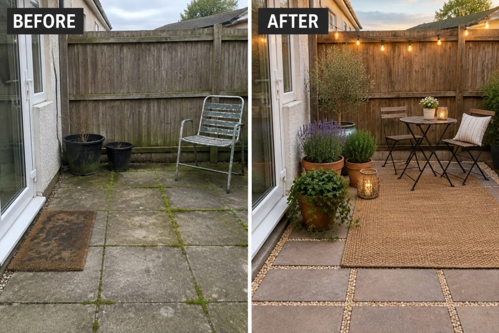 22 Gorgeous Small Garden Makeover Ideas Built Around Container Planting Before and after patio with plants, string lights, bistro table, chairs, and rugs