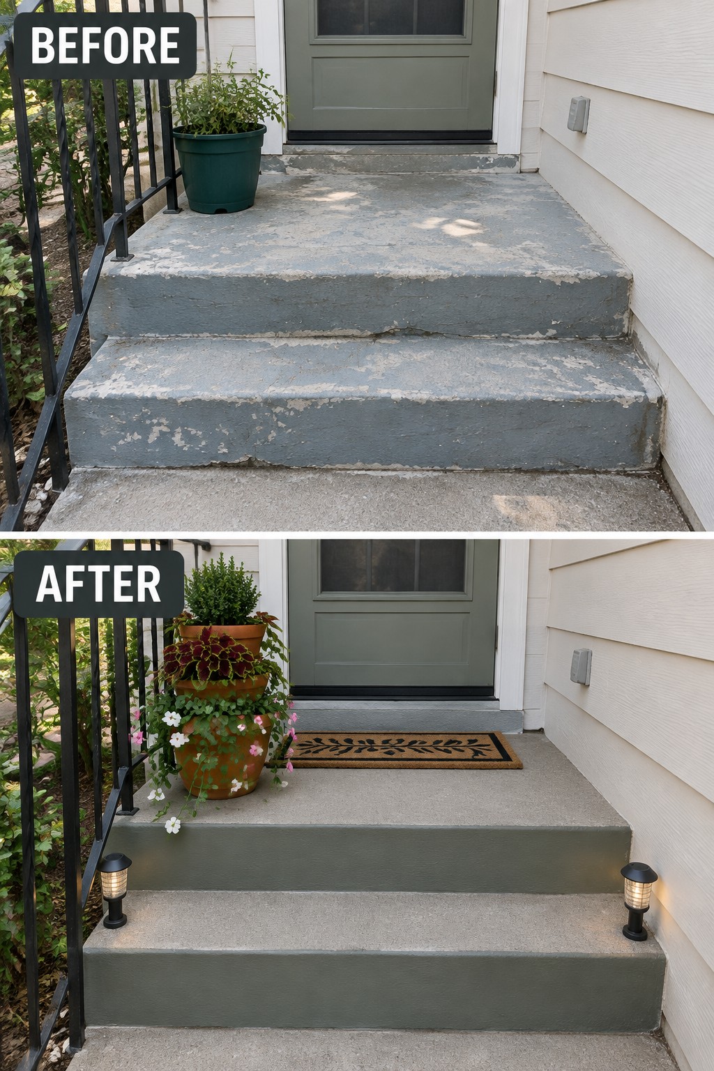 Before and after of worn gray steps repainted dark green with potted plants and lights