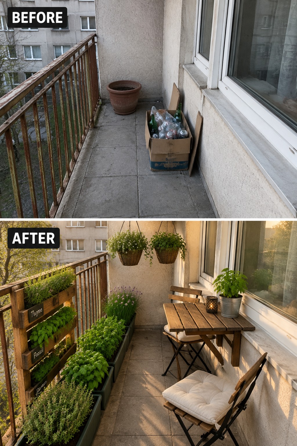 Before and after balcony makeover with herb planters, table, and chairs.