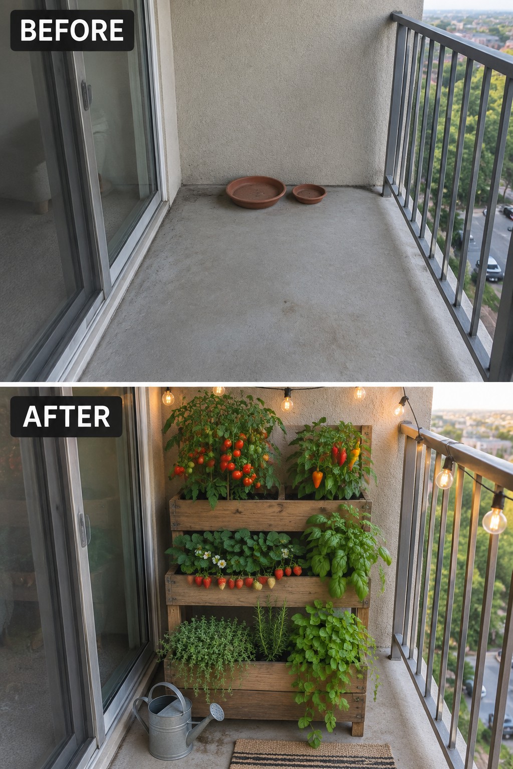 Empty balcony before and after with tiered wooden planters, vegetables, herbs and string lights