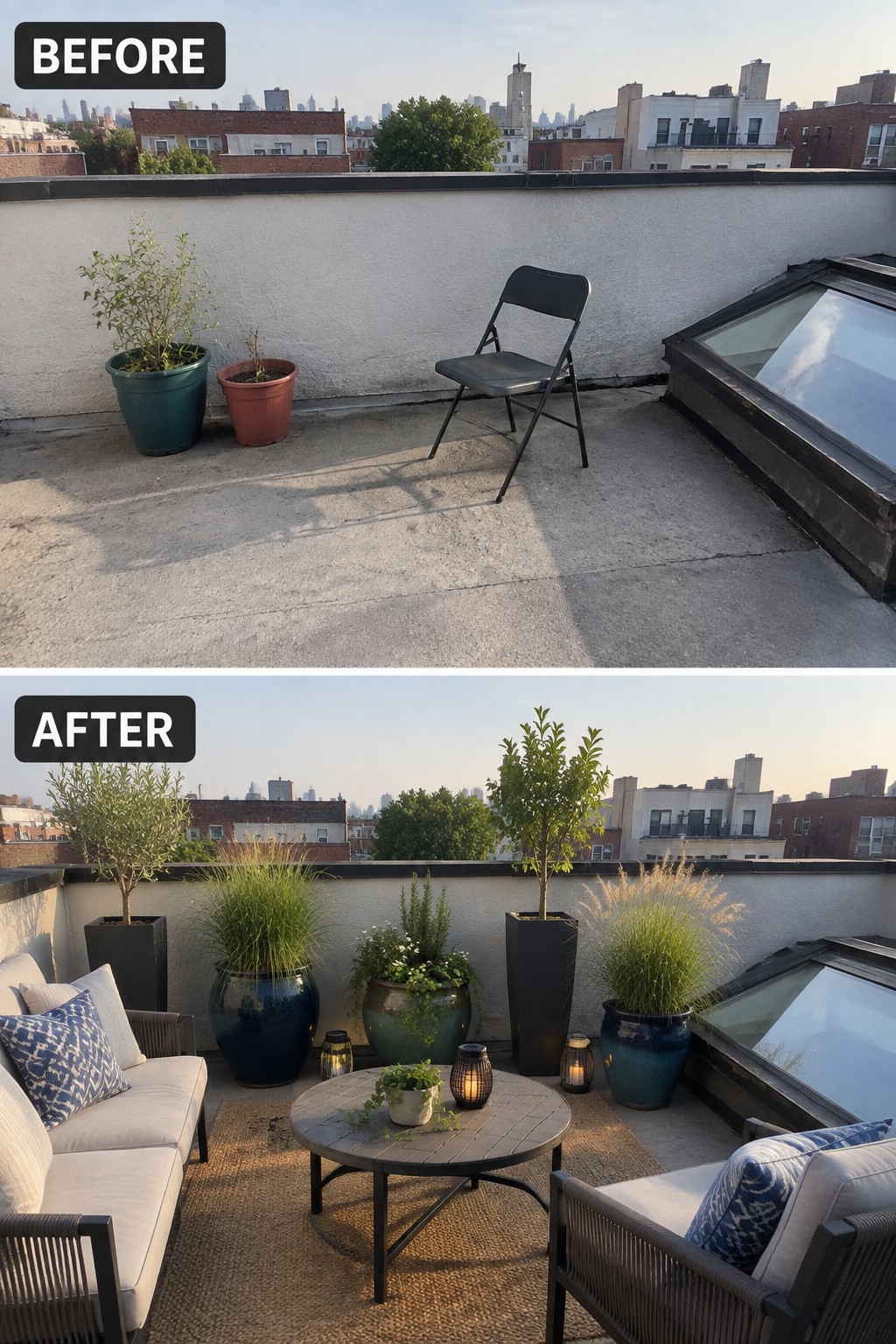 Before-and-after image of a bare rooftop terrace changed into a furnished outdoor seating area with multiple container plants, sofas, a rug, and a table.