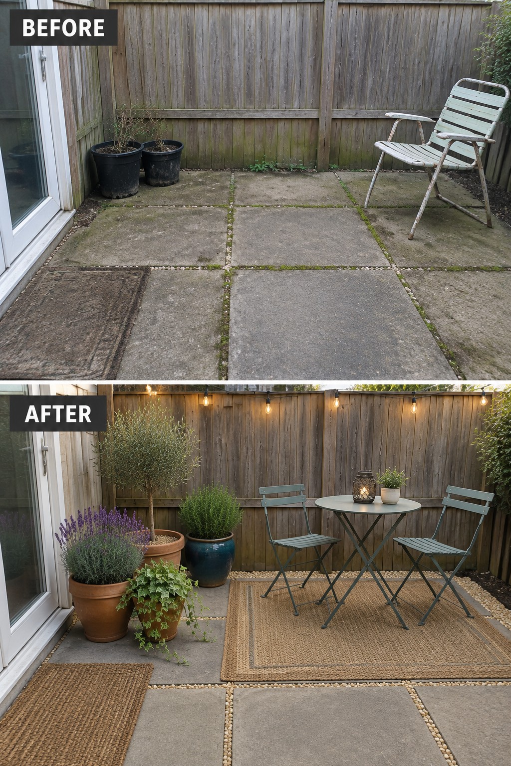 Before and after patio with plants, string lights, bistro table, chairs, and rugs