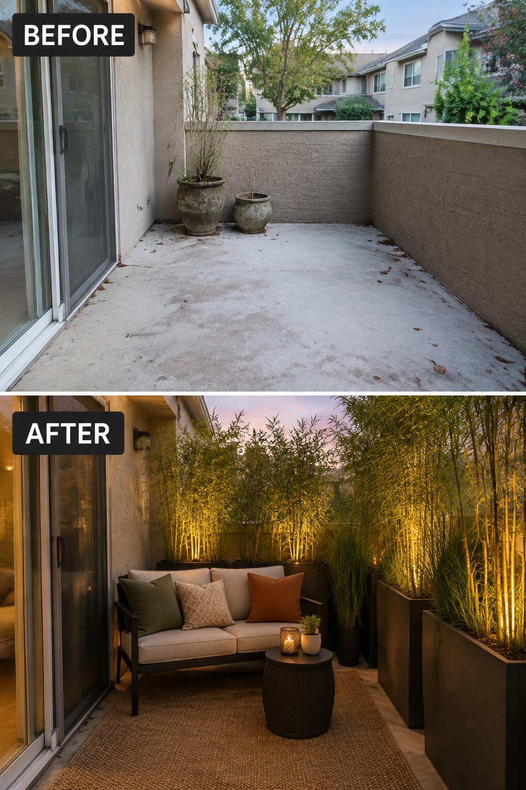 Before-and-after balcony: empty concrete space transformed into cozy lit lounge with sofa and plants.