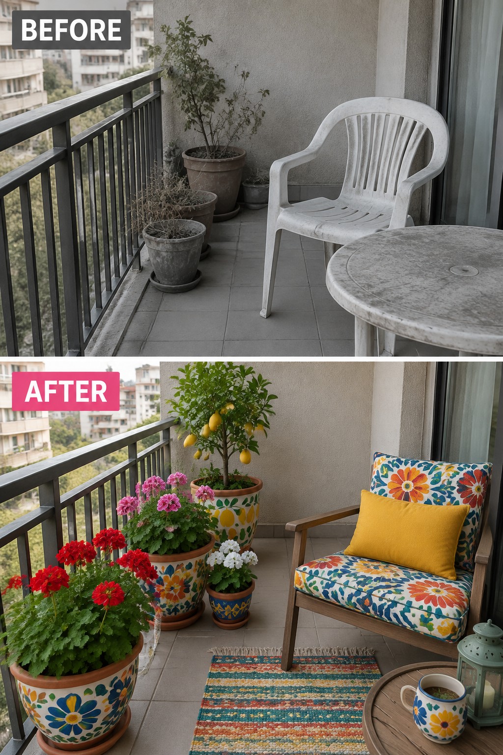 Before and after balcony with colorful patterned pots, flowers, lemon tree, and chair.