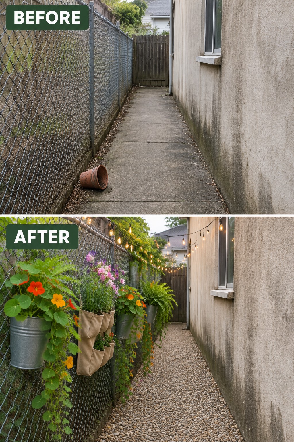 Before and after alleyway with plants, string lights, gravel path, and chain-link fence.