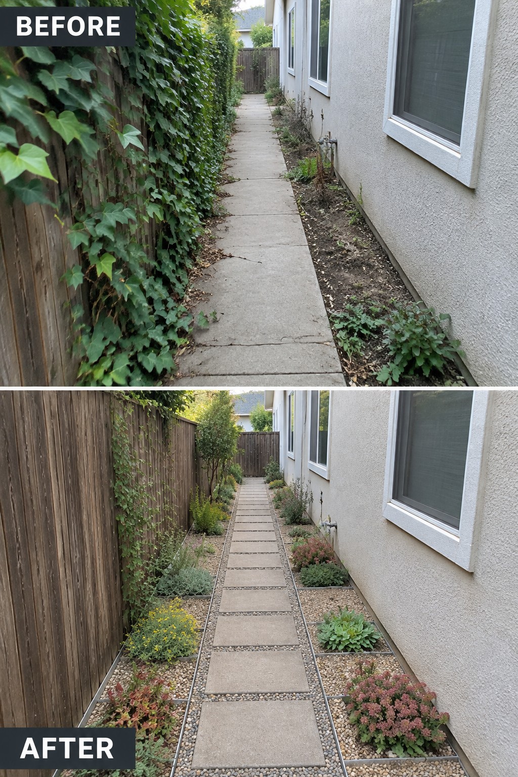 Before-and-after image of an overgrown side yard concrete path changed into a structured walkway with gravel beds and drought-tolerant plants on both sides.