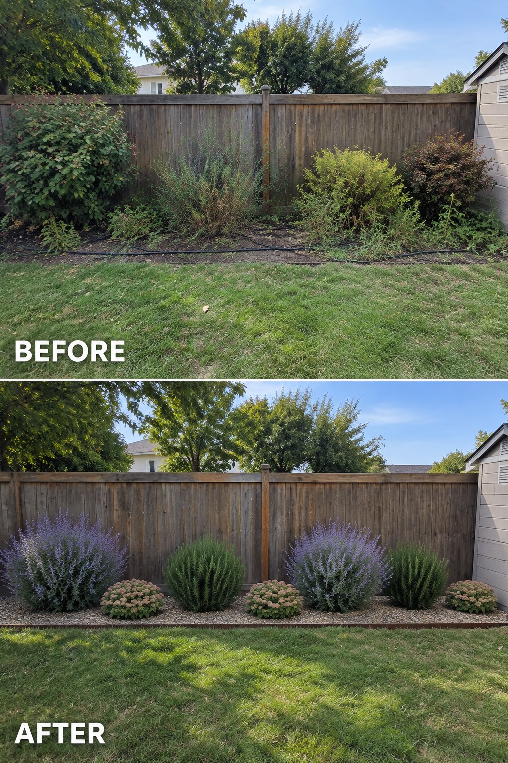 Before-and-after image of an overgrown fence border changed into a neat row of drought-tolerant shrubs and perennials with gravel mulch.
