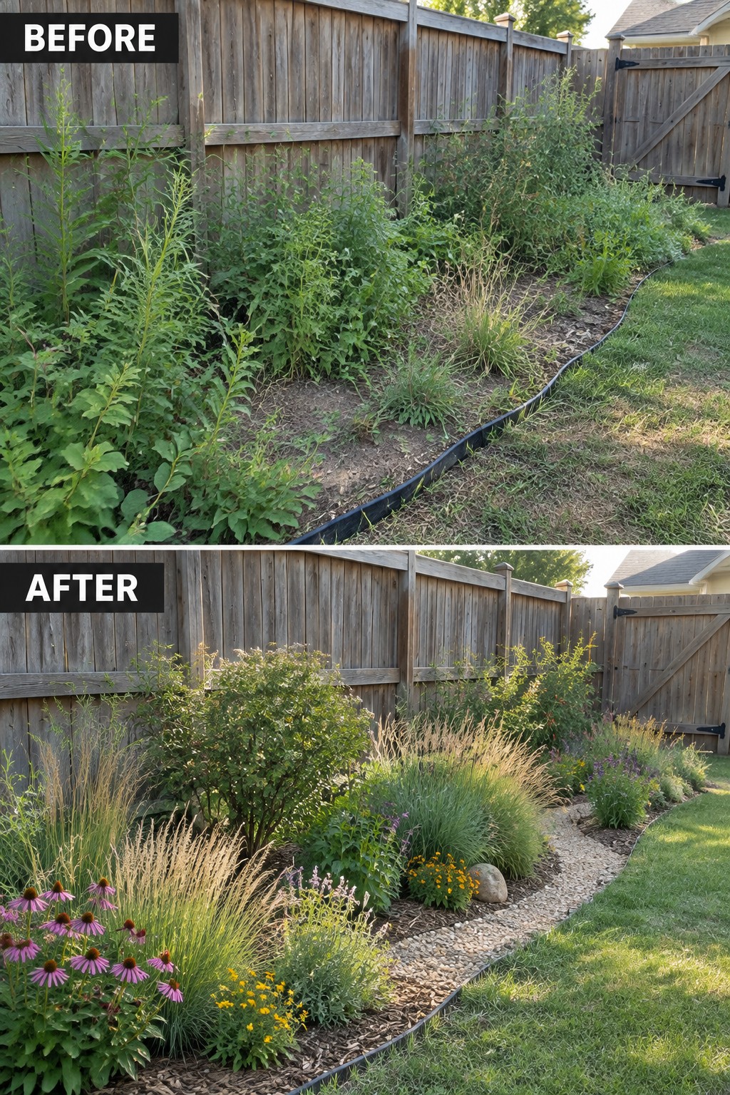 Before and after of overgrown weeds transformed into colorful flower garden along fence.