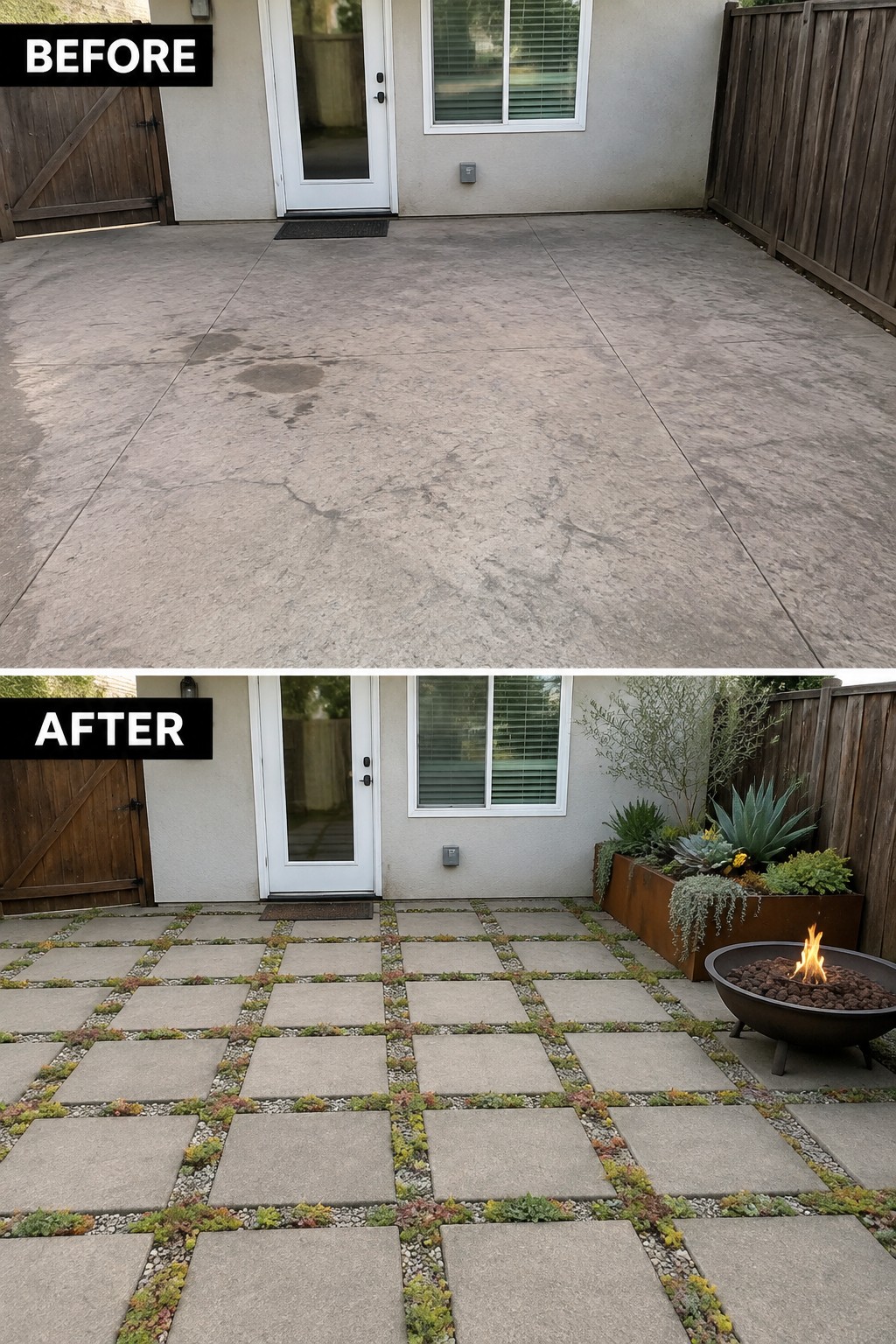 Before cracked concrete patio and after with grid pavers, plants, and fire pit.