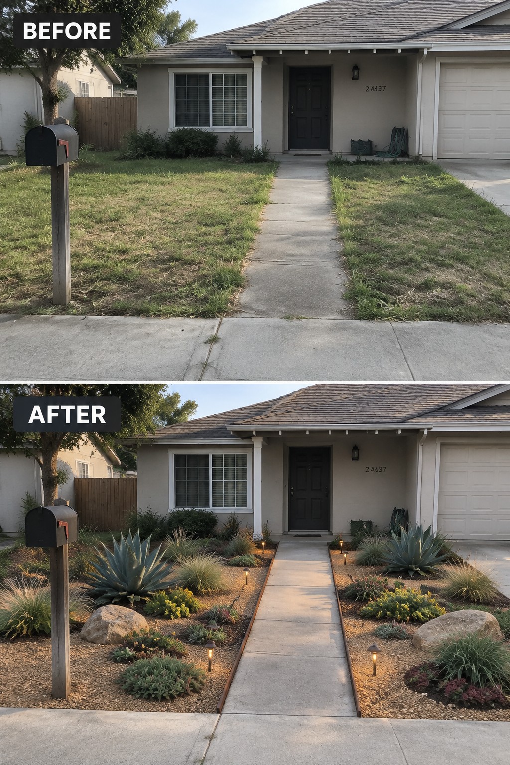 Before-and-after image of a front yard where a plain lawn was replaced with edged garden beds containing drought-tolerant plants, gravel, rocks, and small pathway lights.