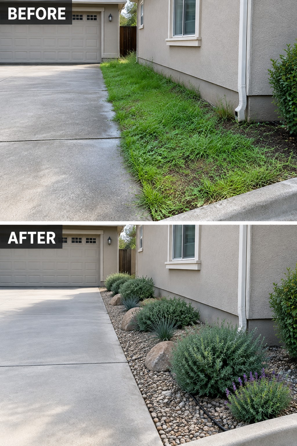 Before and after of driveway edge: overgrown weeds replaced by gravel and shrubs.