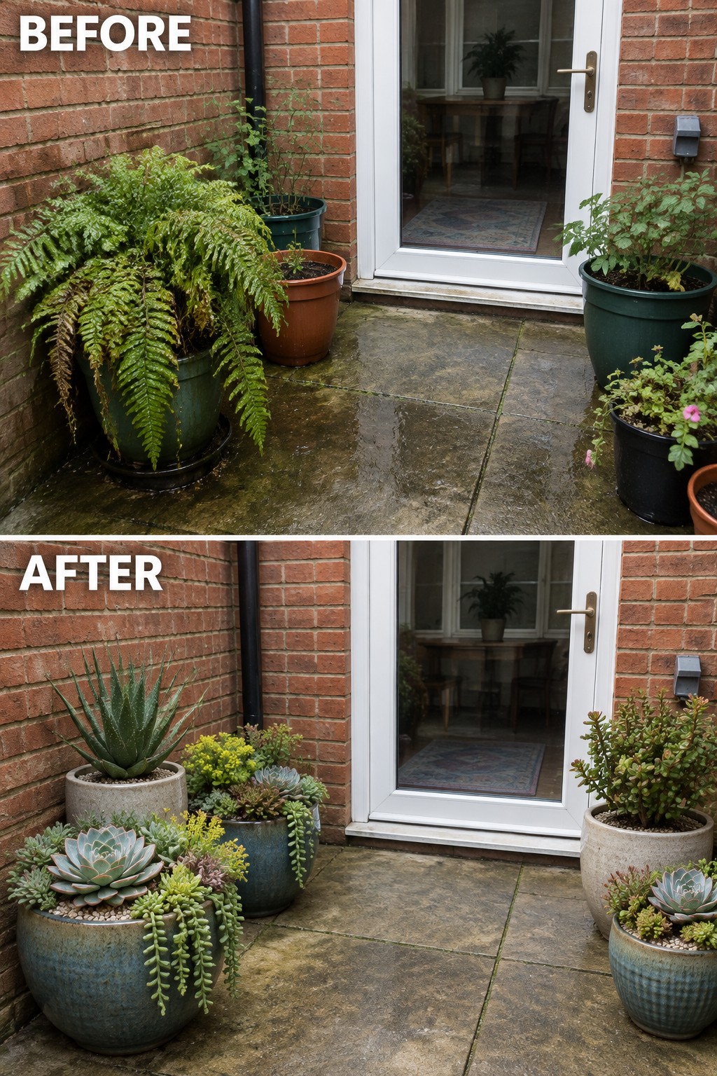 Before-and-after patio with potted ferns and succulents by brick wall and door.
