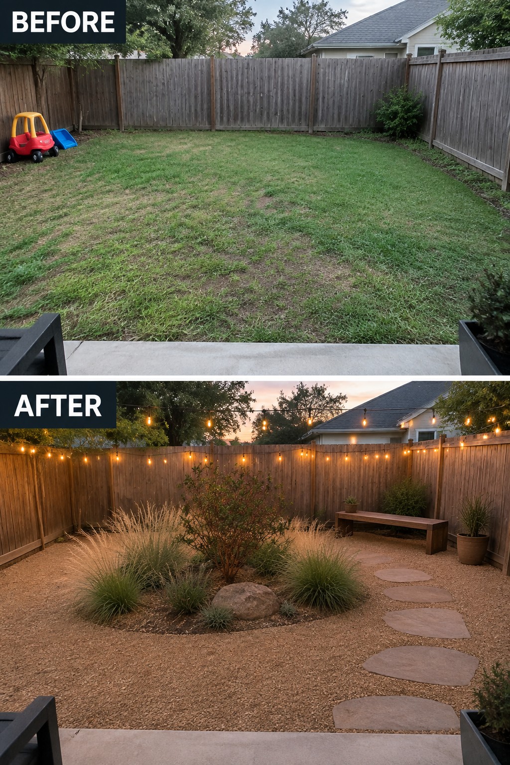 Before and after backyard: grassy lawn with toy car transformed into gravel garden with lights and path