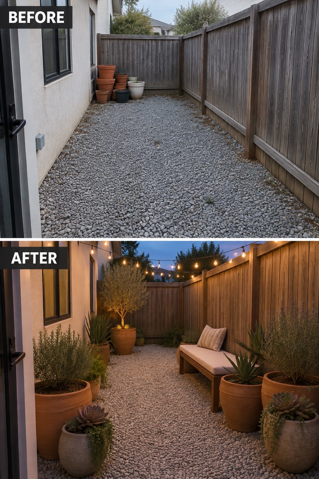 Before-and-after gravel patio with wooden fence, potted plants, bench, and string lights
