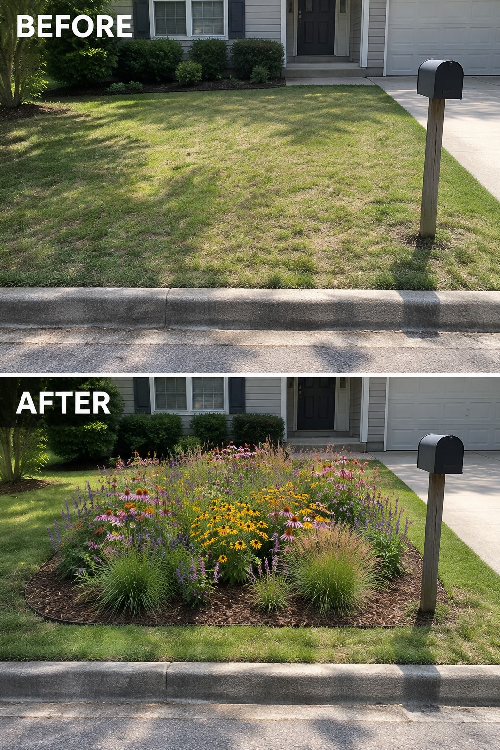 Before and after of front yard: plain lawn replaced by colorful flower garden.