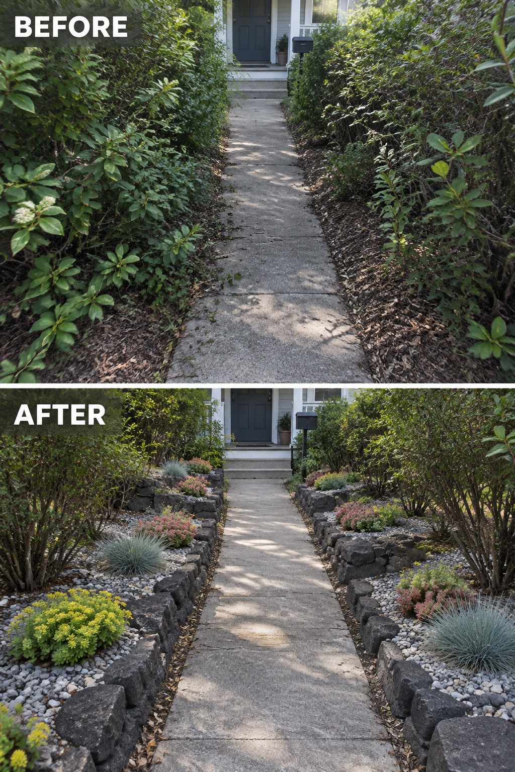 Before and after view of concrete walkway lined with overgrown bushes and new stone garden beds.