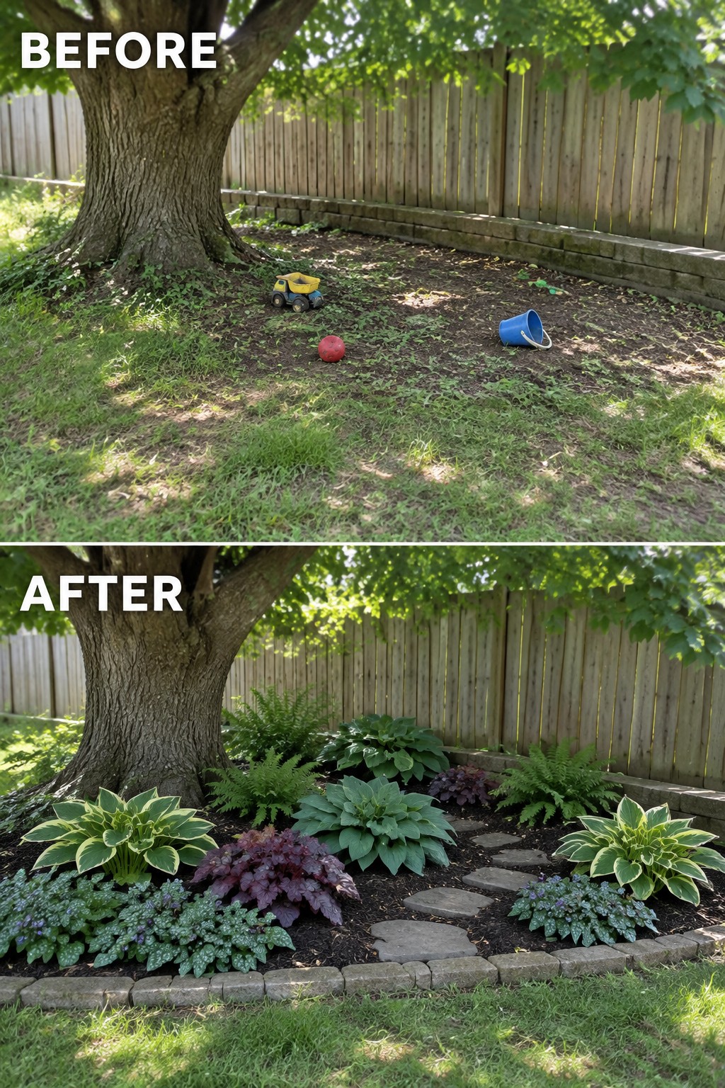 Before and after of tree area changed from bare dirt with toys to landscaped garden.