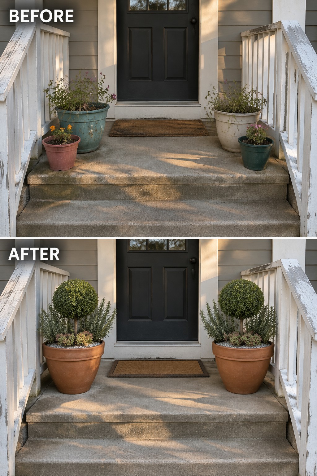 Before and after porch with mismatched pots replaced by matching terracotta topiaries