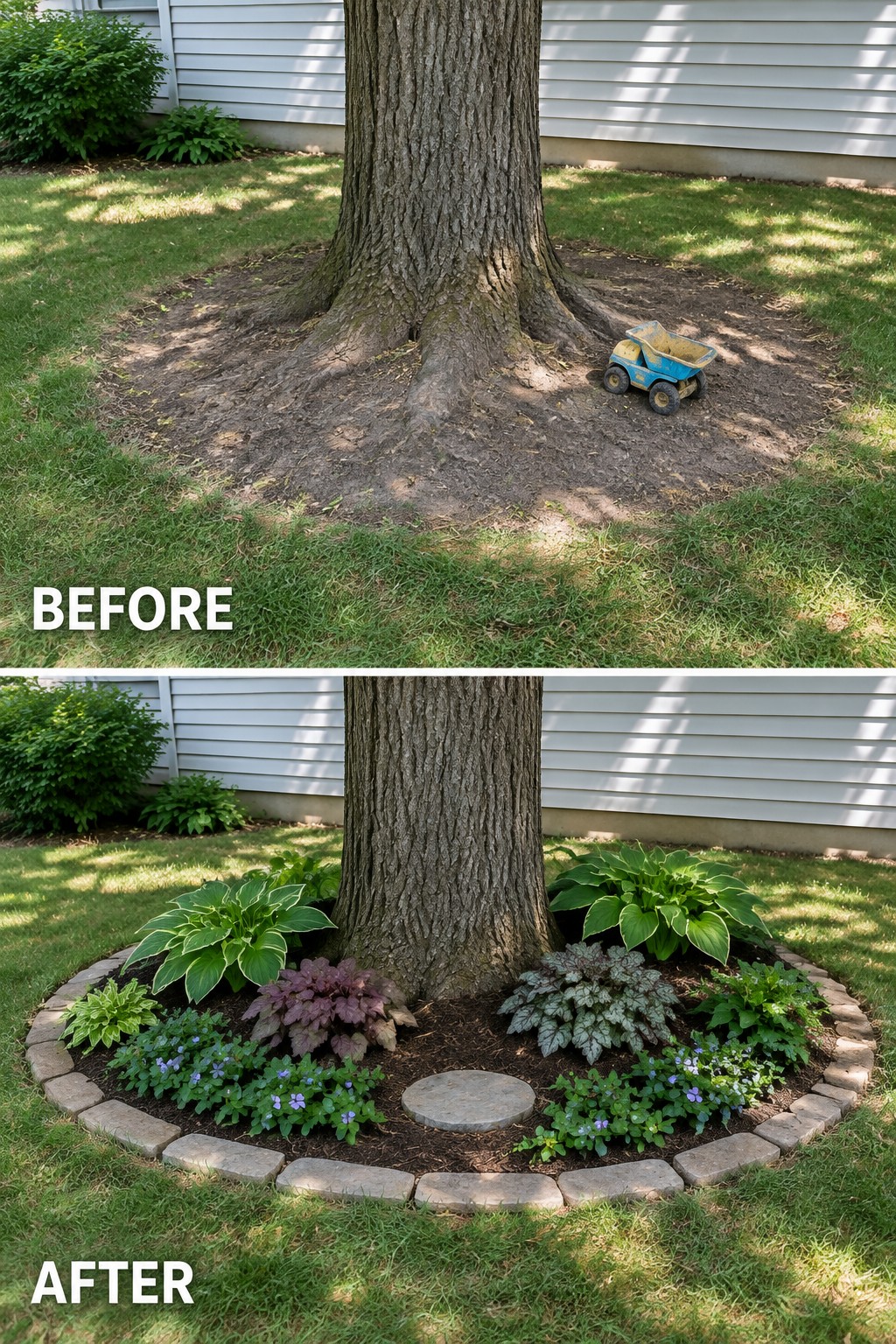 Before-and-after image of a tree base changed from bare soil to a circular stone-edged garden bed filled with hostas and flowering plants.