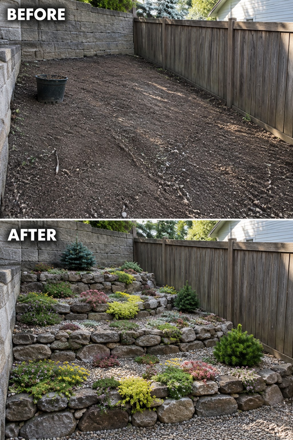 Before bare dirt yard and after tiered stone garden with colorful plants and shrubs.