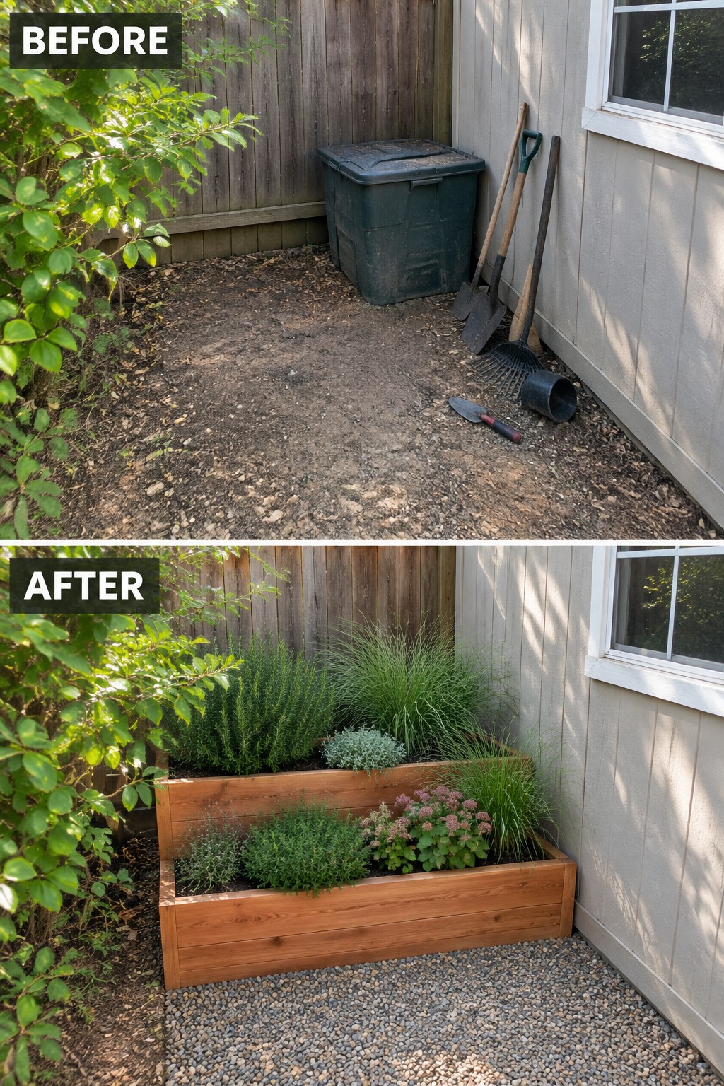 Before and after backyard corner with new wooden raised garden bed full of plants.