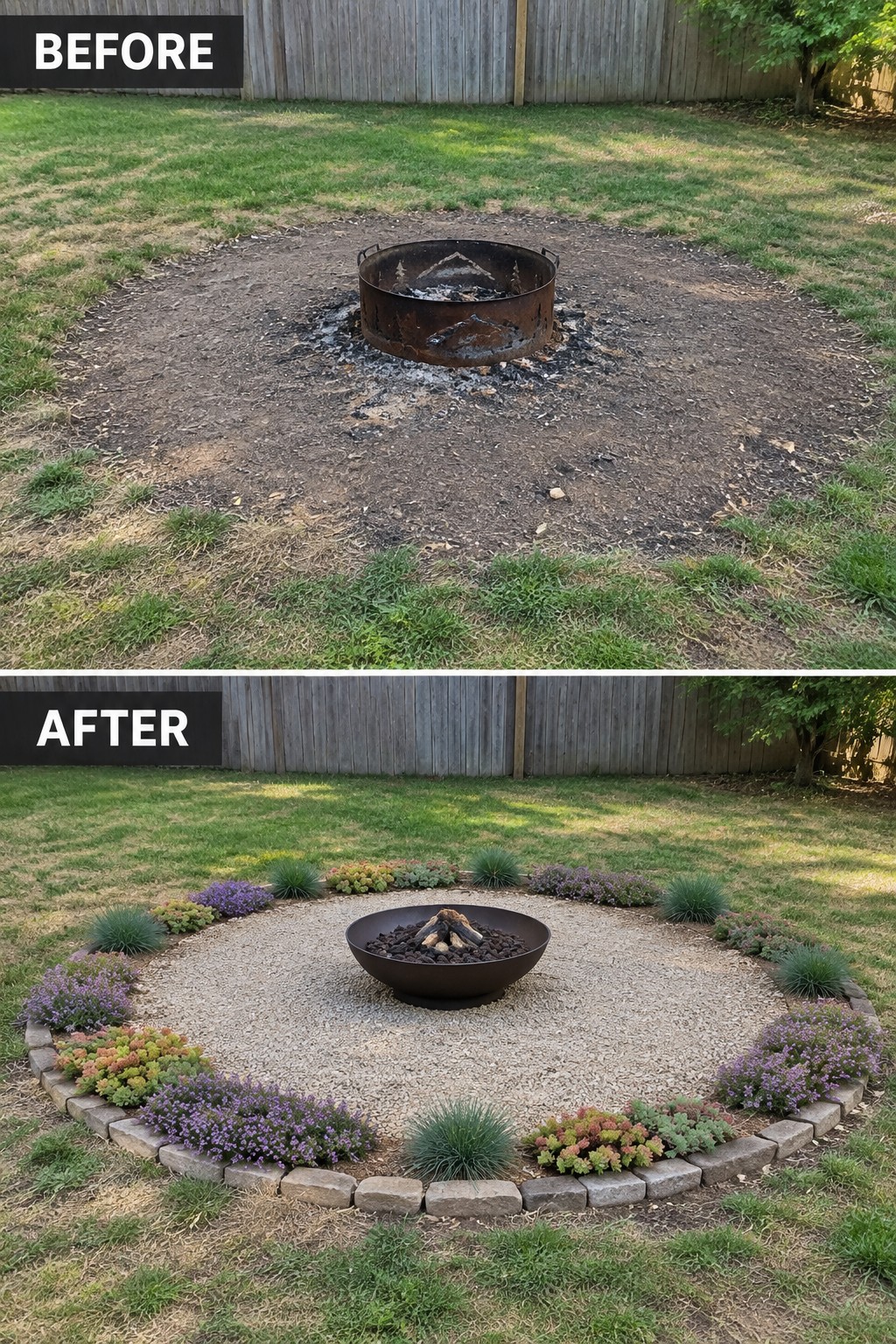 Before-and-after image of a bare fire pit in a yard changed into a defined gravel circle with stone edging and a ring of hardy plants.