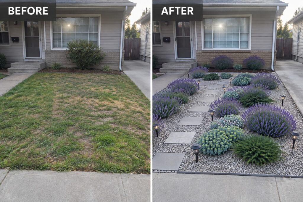22 Low-Maintenance Small Garden Makeover Ideas Using Hardy Plants Before-and-after front yard: patchy dry lawn transformed into gravel garden with plants and stones.
