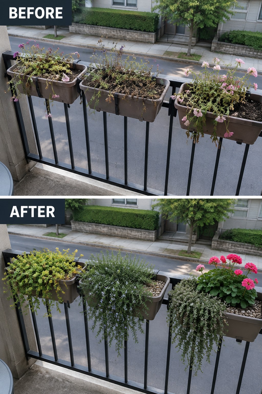 Before-and-after balcony planters with wilted plants replaced by lush flowers and greenery.