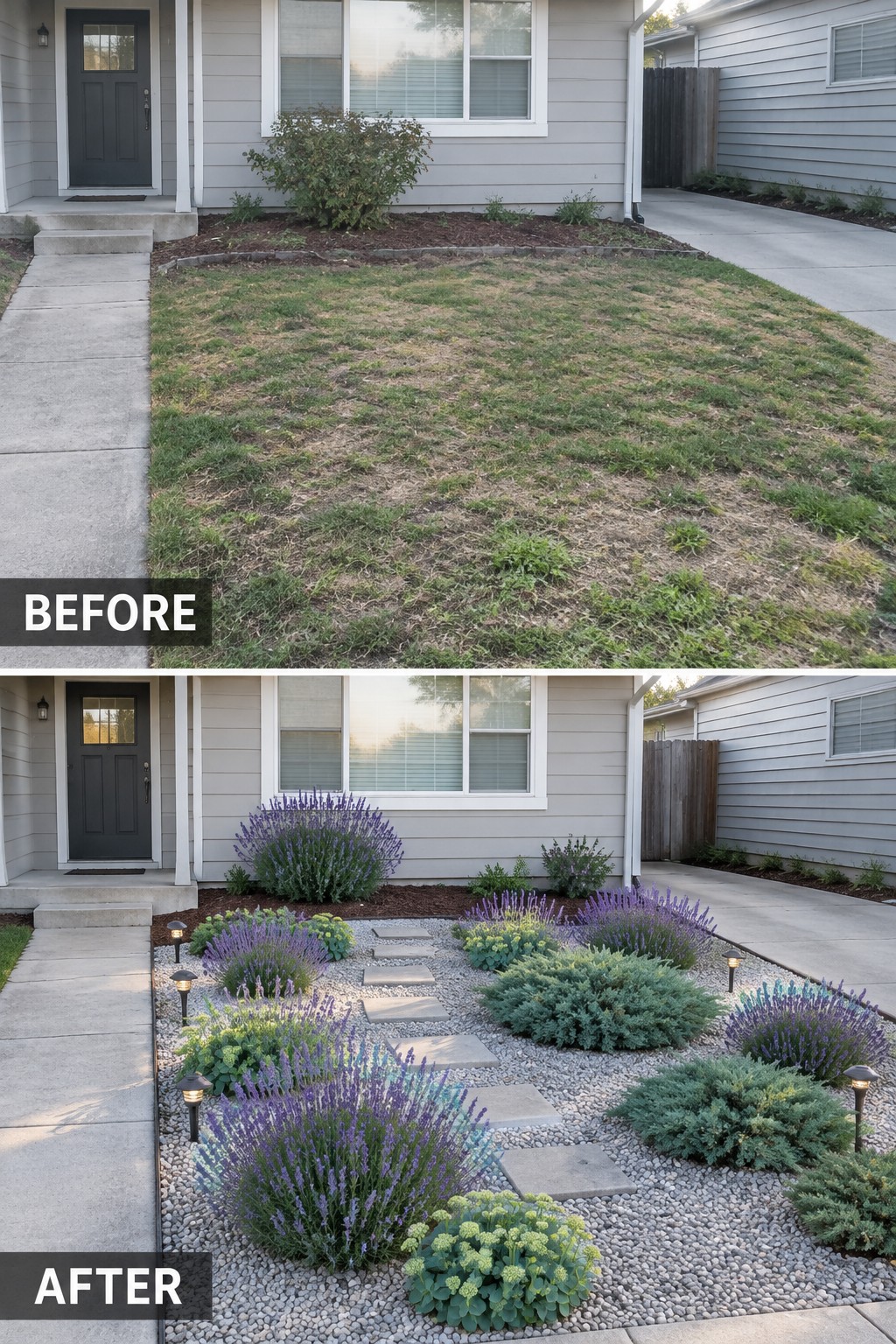 Before-and-after front yard: patchy dry lawn transformed into gravel garden with plants and stones.