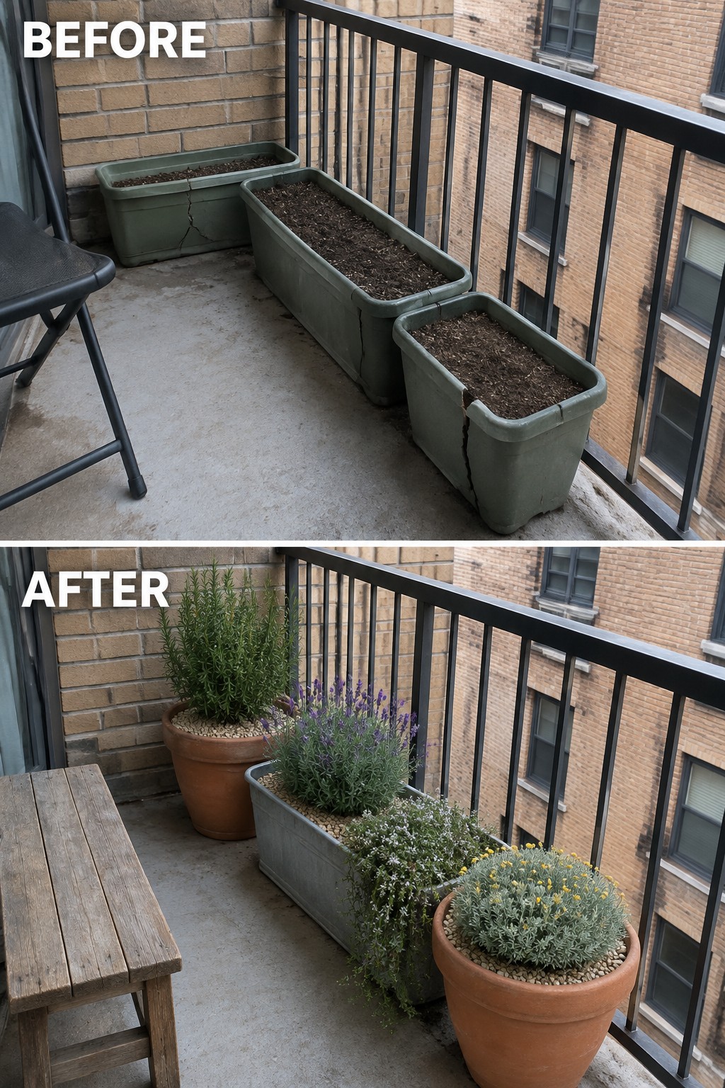 Before-and-after balcony with cracked green planters replaced by potted plants and wooden bench.