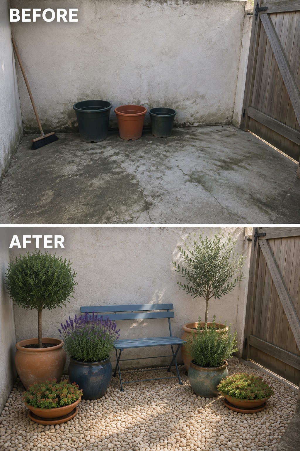 Before and after of concrete courtyard turned into pebble patio with plants and bench.