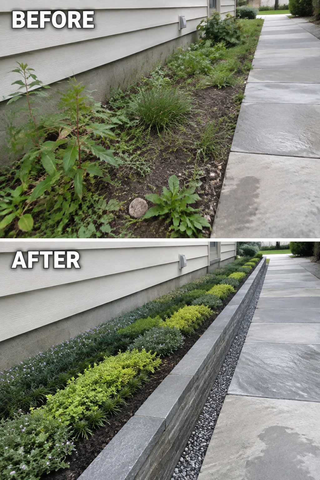 Before and after view of landscaped garden bed along house and sidewalk.