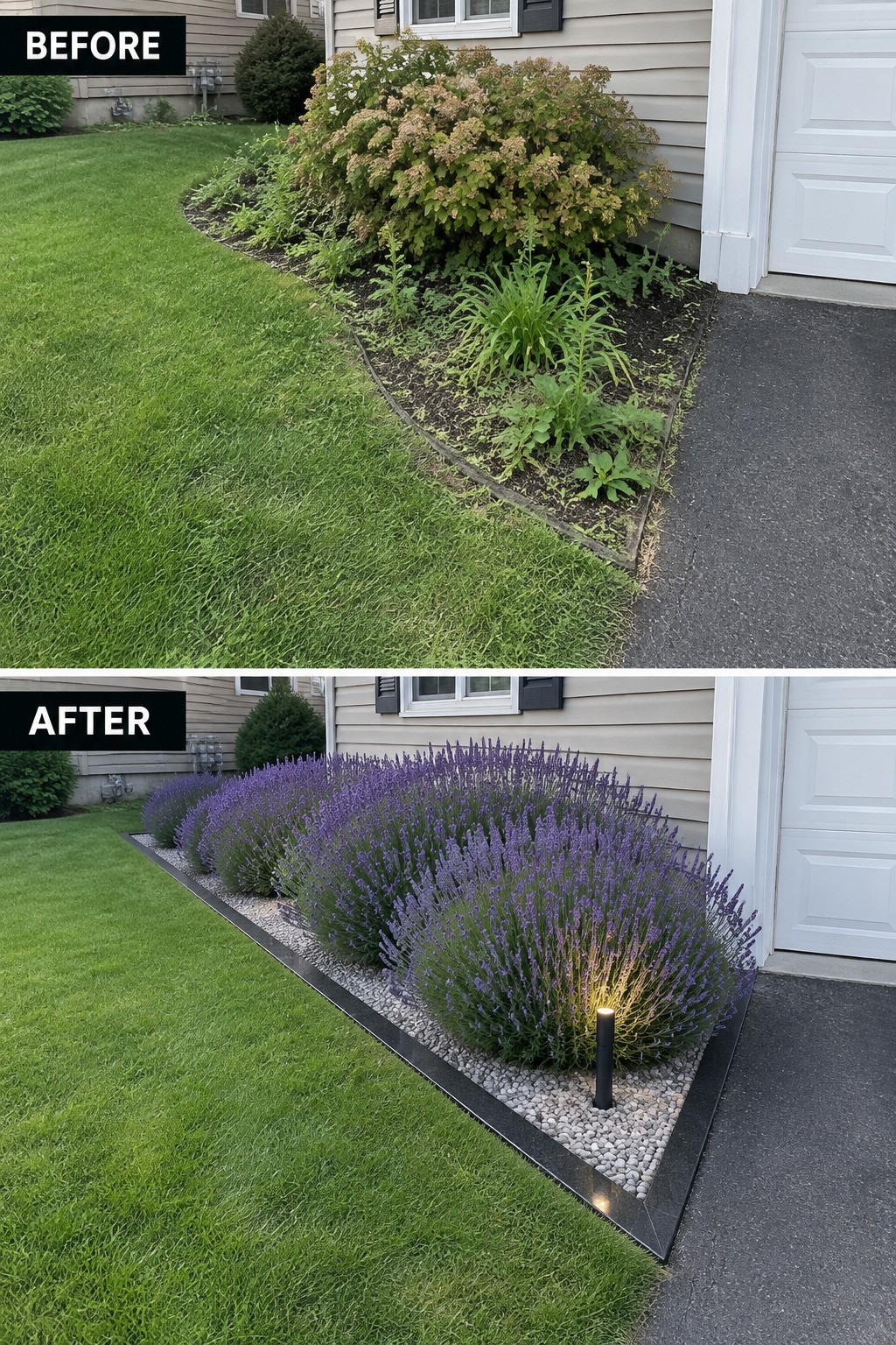 Before-and-after garden bed: overgrown shrubs replaced by blooming lavender, gravel, and light.