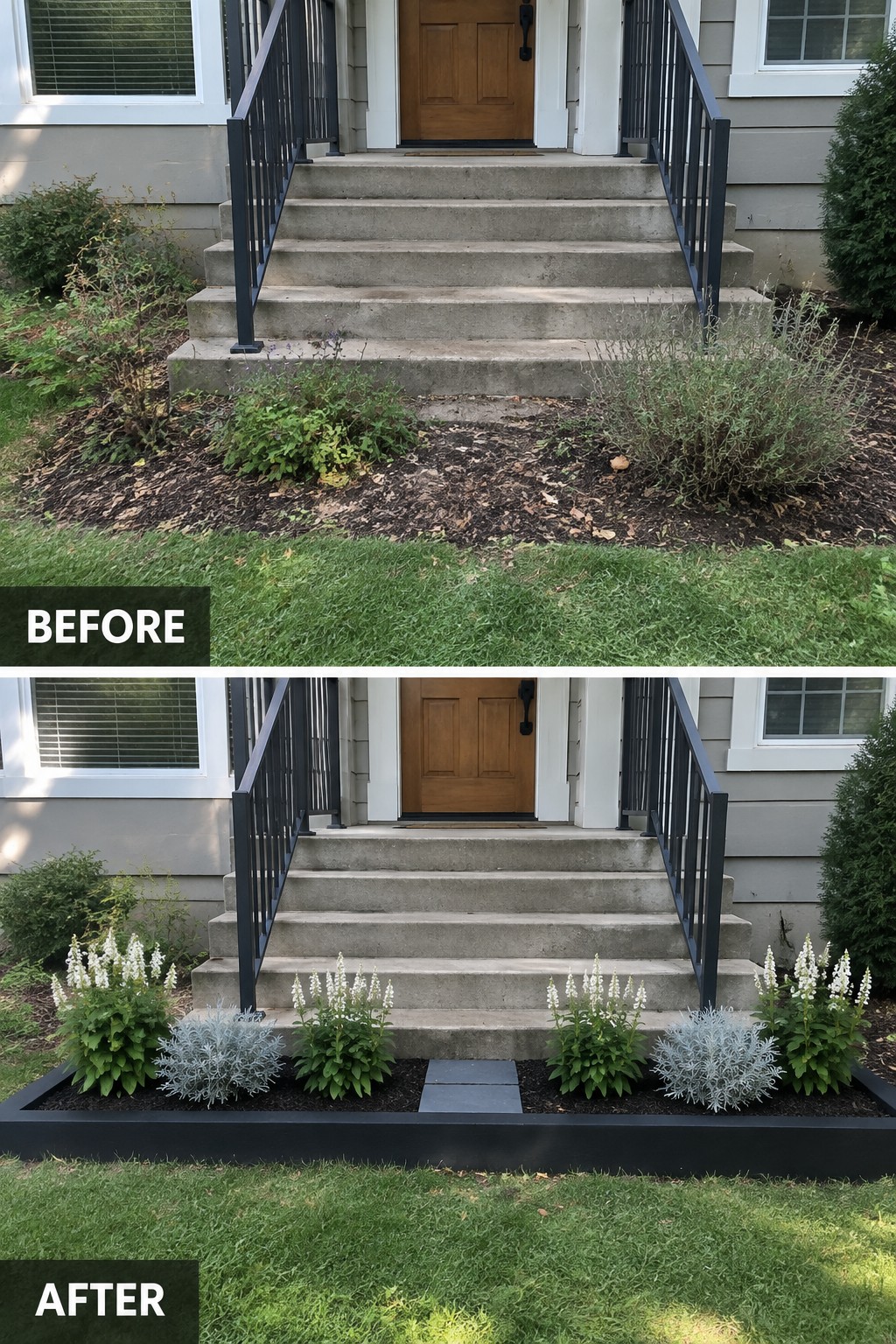 Before-and-after image of a front entry with overgrown planting changed into clean black-edged garden beds with organized shrubs and flowers.