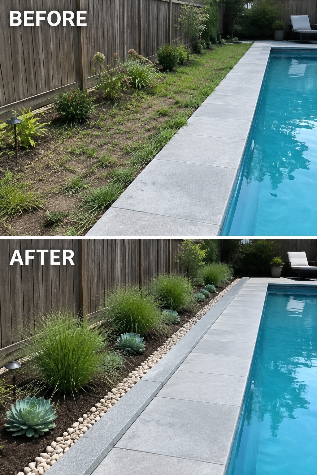 Before-and-after image of an overgrown garden bed beside a pool transformed into a neat planted border with grasses, succulents, and a pebble edge.