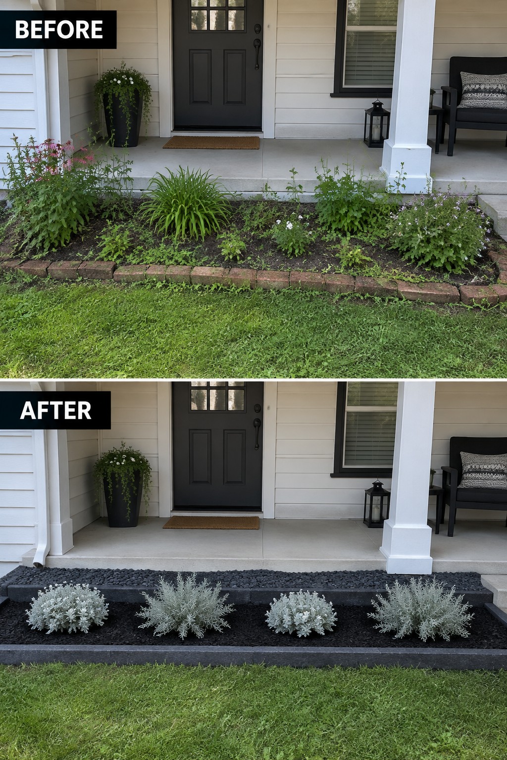 Before and after of front porch garden bed with overgrown plants vs neat silver shrubs.