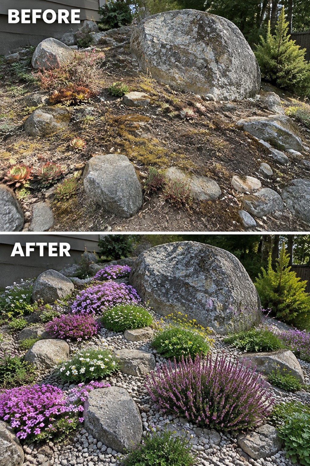 Before and after of rocky slope transformed into vibrant purple flower garden with gravel