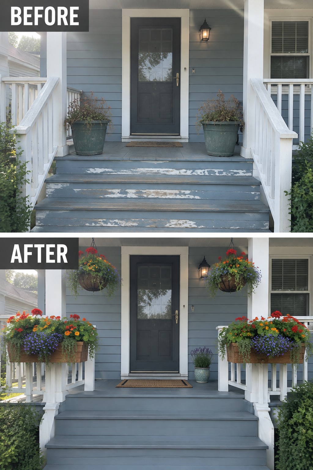 Before-and-after porch with peeling steps and dead plants transformed by fresh paint and colorful flowers.