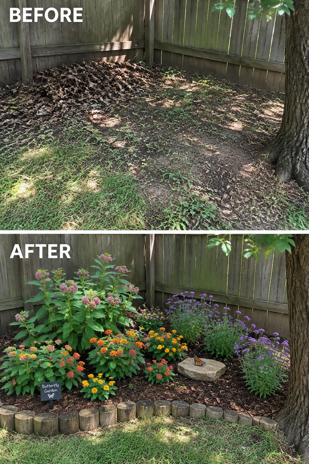 Before-and-after image of a leaf-covered backyard corner changed into a defined garden bed with log edging, mulch, and clusters of flowering plants.